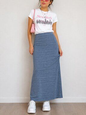 Y2K Blue Maxi Skirt Womens M/L Stretch Waist Textured Long Column 90s 2000s